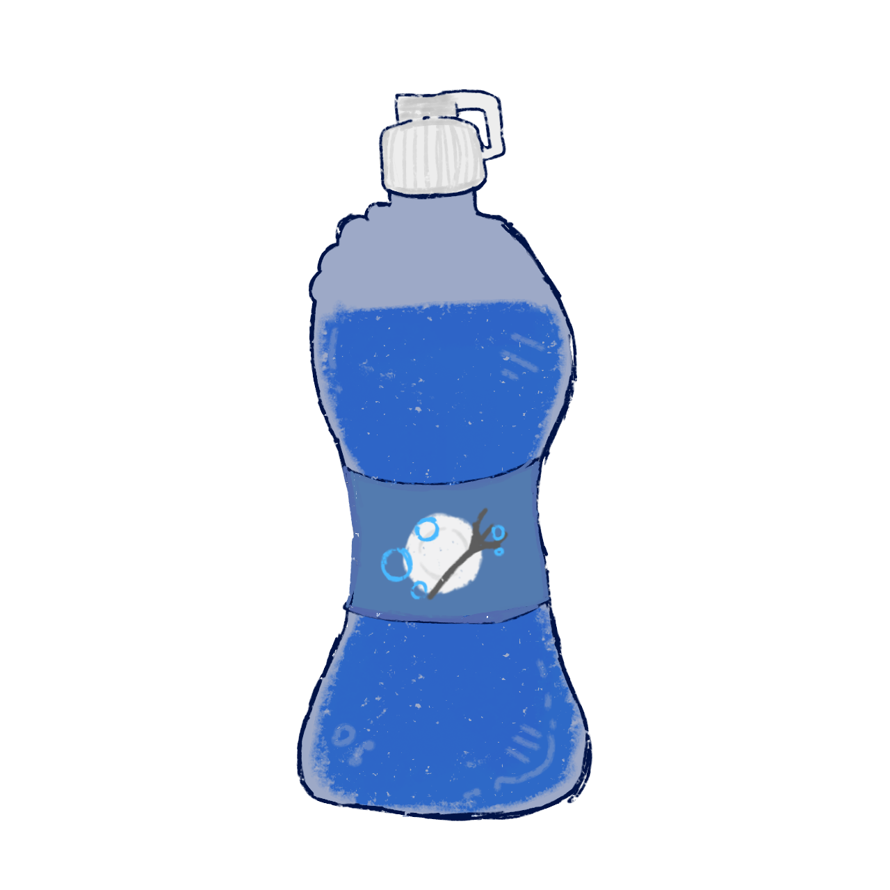 A tall crayon textured oblong bottle with blue liquid in it with a tag showing cutlery and bubbles with a white cap